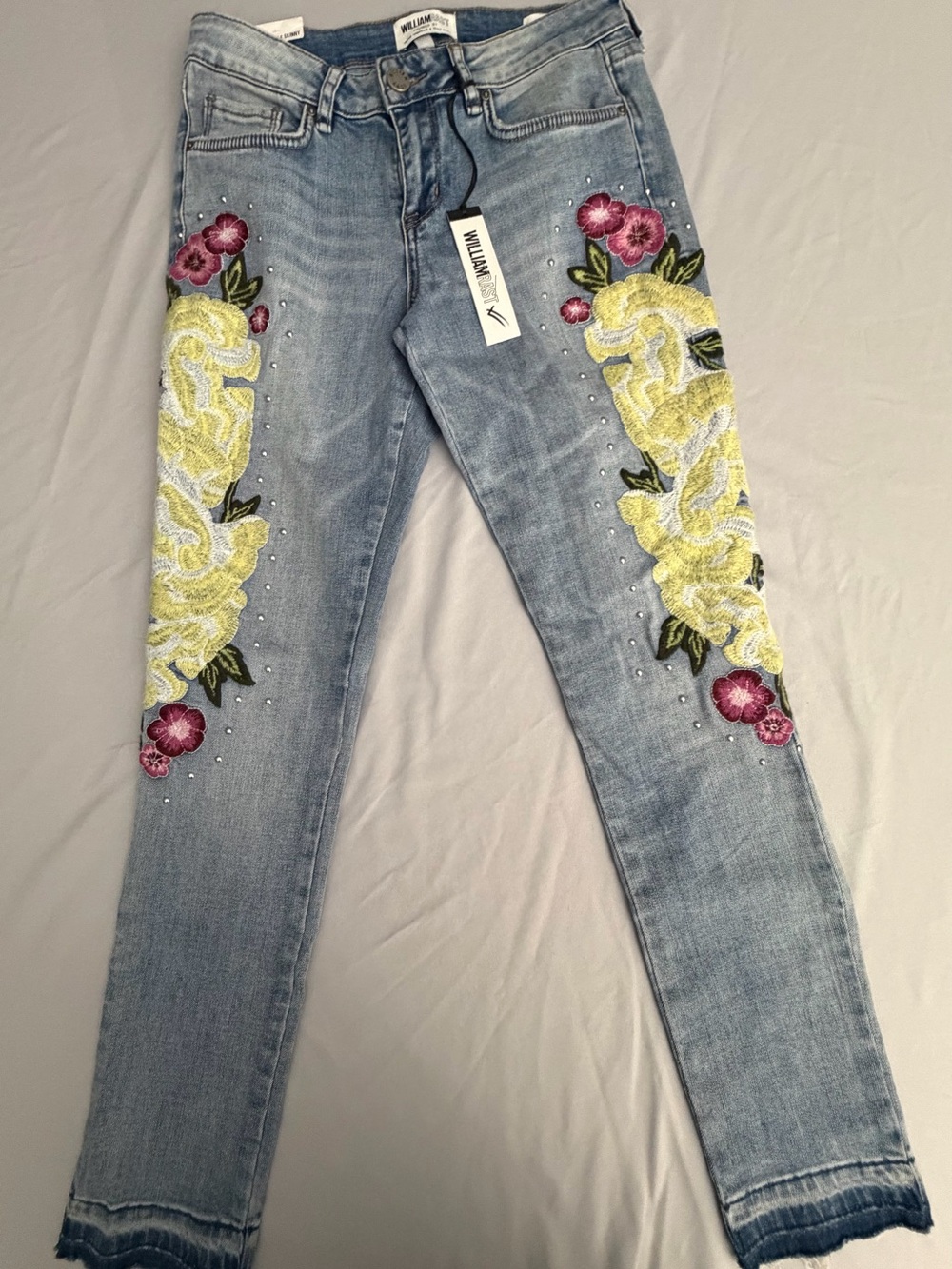 William Rast Light Blue Skinny Jeans with Yellow & Pink Floral Embroidery